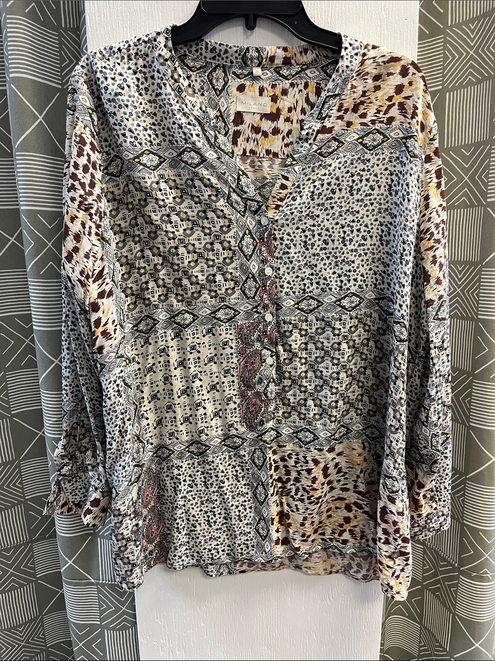 Milano Multicolor Patchwork V-Neck Blouse with Earth Tones